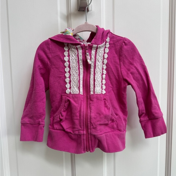 OshKosh B'gosh 2T Gitls Pink and White Lace Trim Zip Up Hoodie Jacket - Picture 1 of 5
